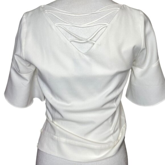 Plains & Prints Off White Floral Abstract Blouse Bell Sleeve Strappy Back Sz 2 - Picture 2 of 8
